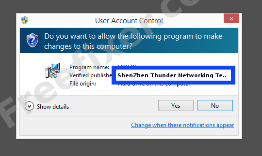 Screenshot where ShenZhen Thunder Networking Technologies Ltd. appears as the verified publisher in the UAC dialog